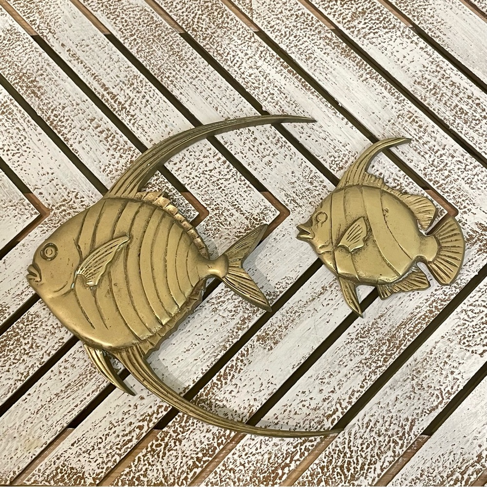 Vintage Brass Angel Fish Wall Hanging Mid Century Decor Ocean Decor Set of 2 MCM